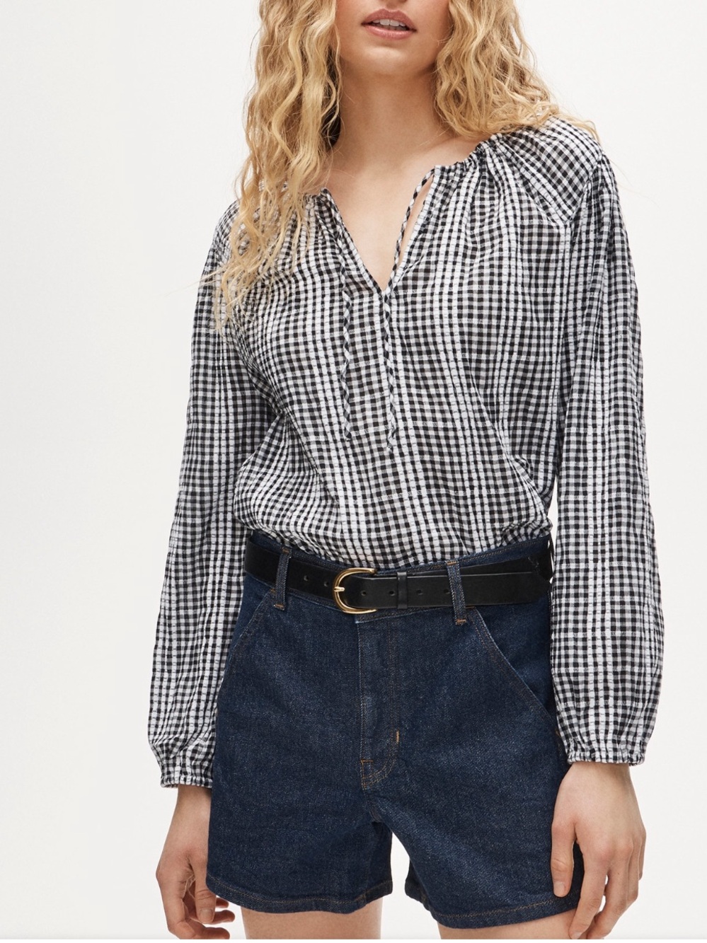 JCrew tie front popover in gingham seersucker